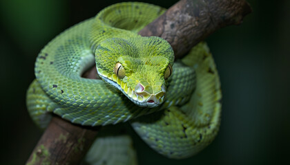 Fototapeta premium magnificent poisonous green snake with its open, treacherous mouth hanging from a branch in the dark