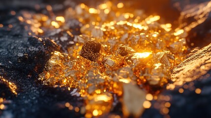 Glimmering gold nuggets on a dark surface.