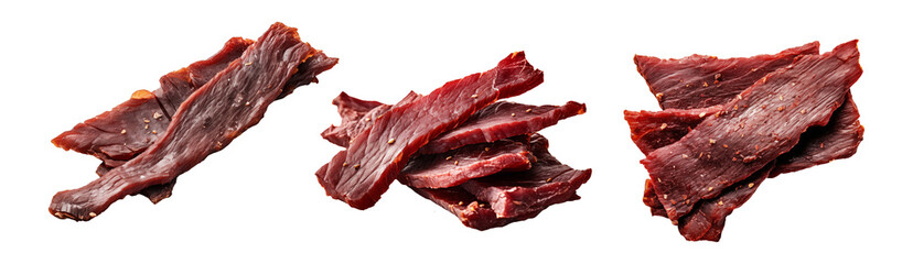 Fototapeta premium Isolated Stacks of Savory Beef Jerky Strips on White Background