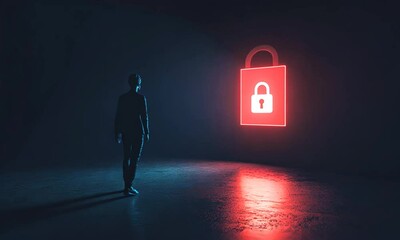 man going towards digital privacy lock, securing, Data Privacy Day (January 28)