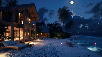 Animation Luxurious Tropical Beachfront Villa at Night Under Full Moon generated with ai