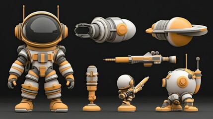Naklejka premium A set of 3D models of an astronaut and space equipment, including a spaceship, a gun, a microphone, a drill, and a small robot.
