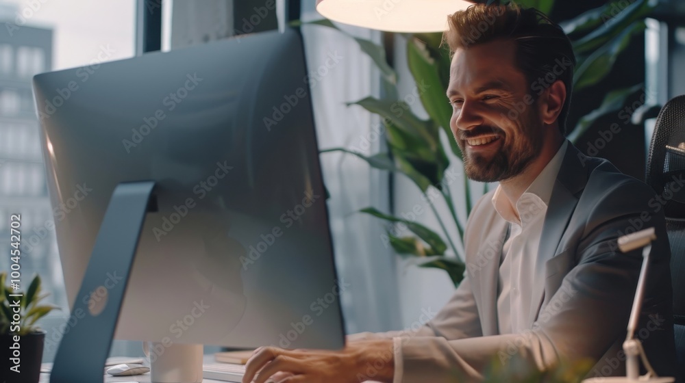 Aufkleber a man is sitting at a desk with a computer monitor in front of him