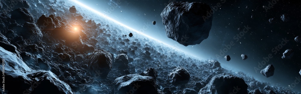 Poster a mesmerizing view of an asteroid belt illuminated by distant stars in the vastness of space during 
