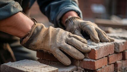 A close-up shot of gloved hands carefully placing a weathered brick on a construction site, highlighting the meticulous and gritty nature of masonry work.

