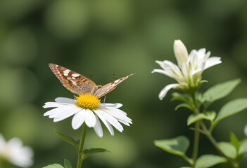 A butterfly pollinating a white flower against a blurred green background