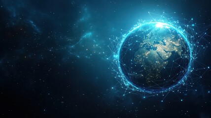 A glowing Earth with digital connections wrapping around it, representing global communication, copy space