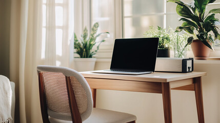A minimal desk with a laptop in a bright room, no additional decor, focusing on simplicity and function