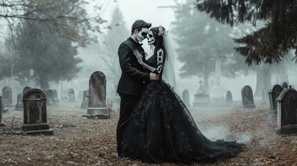 A couple in black wedding attire with skeleton face paint, posing in a foggy graveyard surrounded by tombstones and dead trees. The atmosphere is chilling and mysterious.