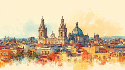 Obraz premium Puebla, Mexico, color pen pencil hand-drawn effect drawing illustration for travel poster, card, wallpaper, backdrop or banner. Modern, clear, artistic and simple