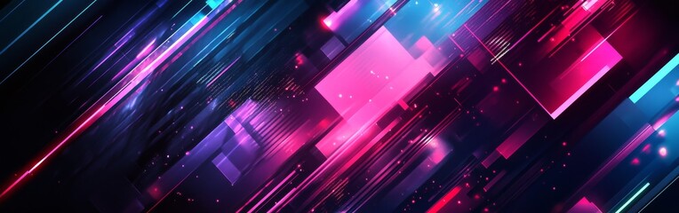 Vibrant abstract digital design featuring glowing lines and shapes in shades of blue, pink, and purple on a dark background