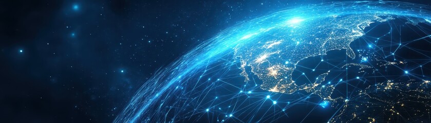 Digital visualization of Earth with luminous connections, showcasing worldwide data flow, copy space