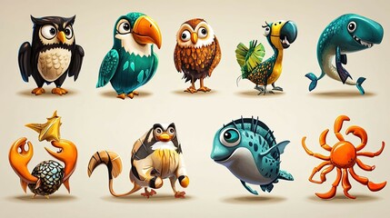 Fototapeta premium A set of eight cute cartoon animals, including an owl, a parrot, a shark, a crab, a monkey, and a fish.