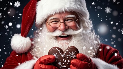 Happy smiling Santa Claus with a chocolate heart in his hands and snowflakes around, Christmas greeting card.