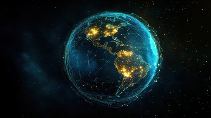 Fototapeta premium A glowing Earth with intricate light pathways, symbolizing the global internet, copy space