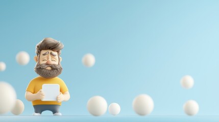 Fototapeta premium Happy Character with Tablet Surrounded by Floating Balls