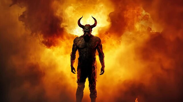 A demonic figure stands amidst a fiery inferno, his horns pointed towards the heavens
