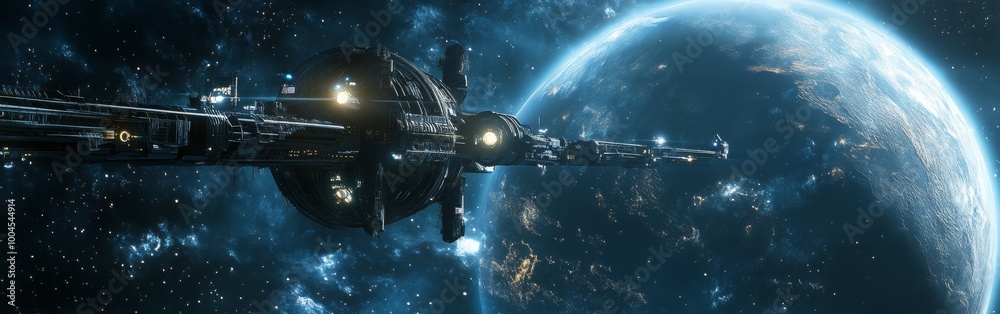 Poster A futuristic spacecraft travels through the vastness of space with Earth visible in the background during a serene cosmic moment