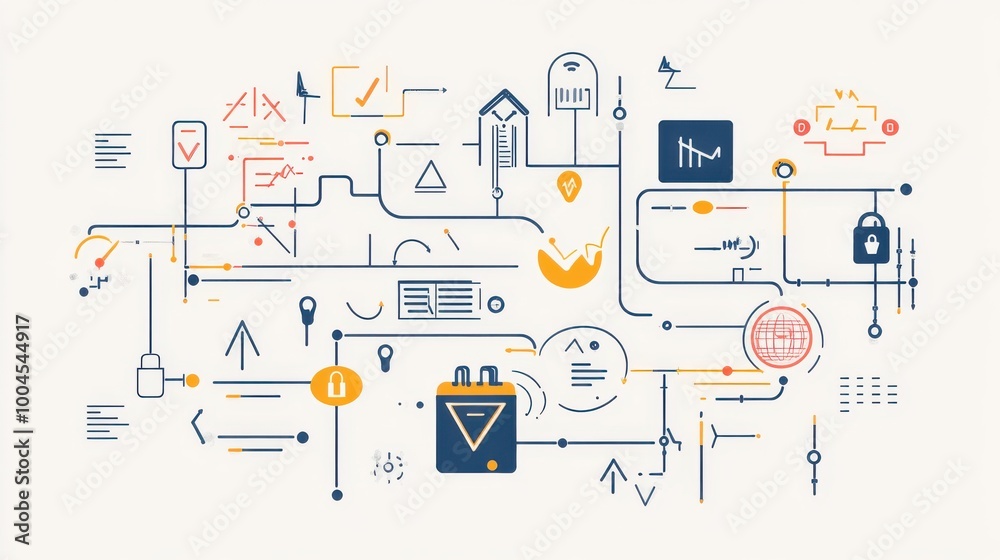 Aufkleber Abstract digital illustration of interconnected technology symbols on a light background representing data flow and analysis
