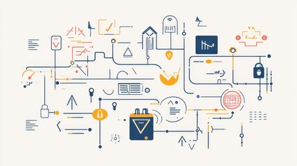 Abstract digital illustration of interconnected technology symbols on a light background representing data flow and analysis