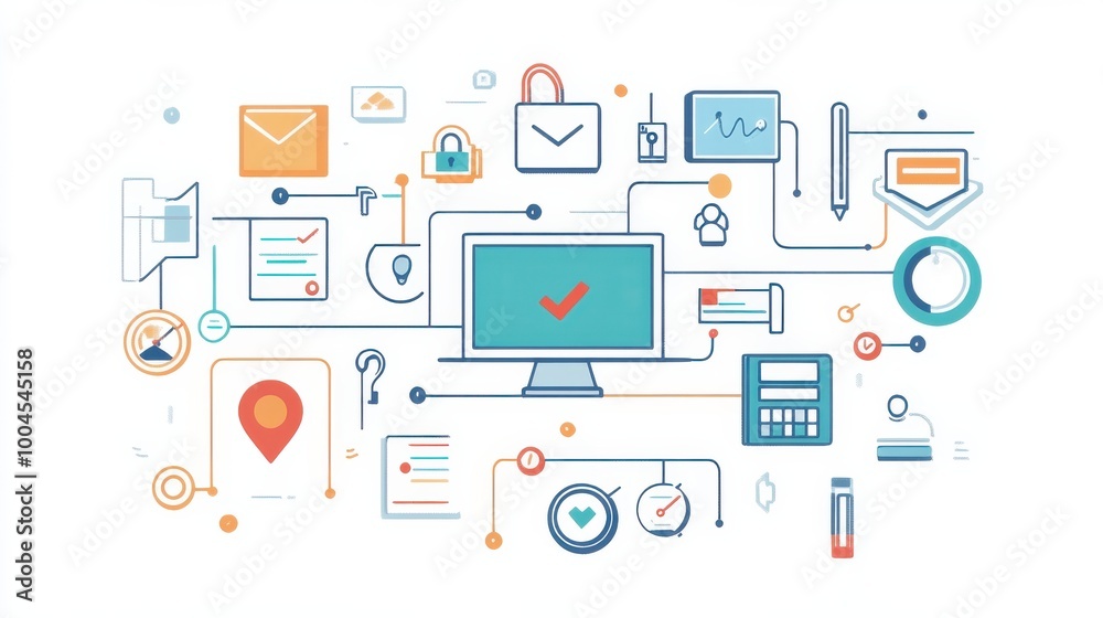 Poster Modern technology elements surrounding a computer screen connected to various icons representing digital communication and security measures