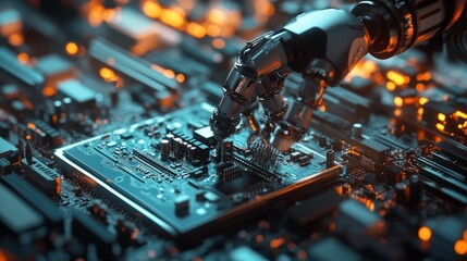 A robotic arm is placing electronic components on a circuit board.