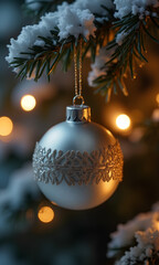 A delicate silver ornament adorned with snowflakes dangles from a snow-covered branch. Soft glowing lights twinkle in the evening, creating a festive winter atmosphere - Generative AI