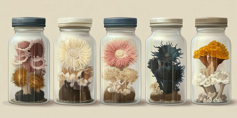 Collection of preserved sea anemone specimens in museum jars, animal illustration