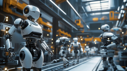 Fototapeta premium Robots working on an assembly line in a futuristic manufacturing facility during daylight hours