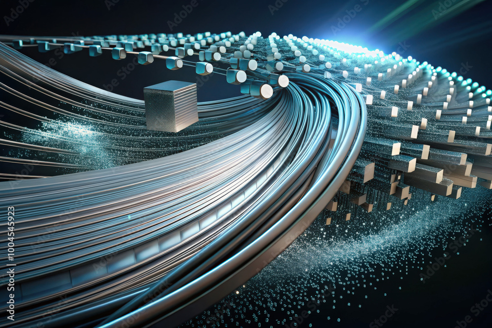 Poster an abstract representation of data flowing through a futuristic digital landscape illuminated by vib