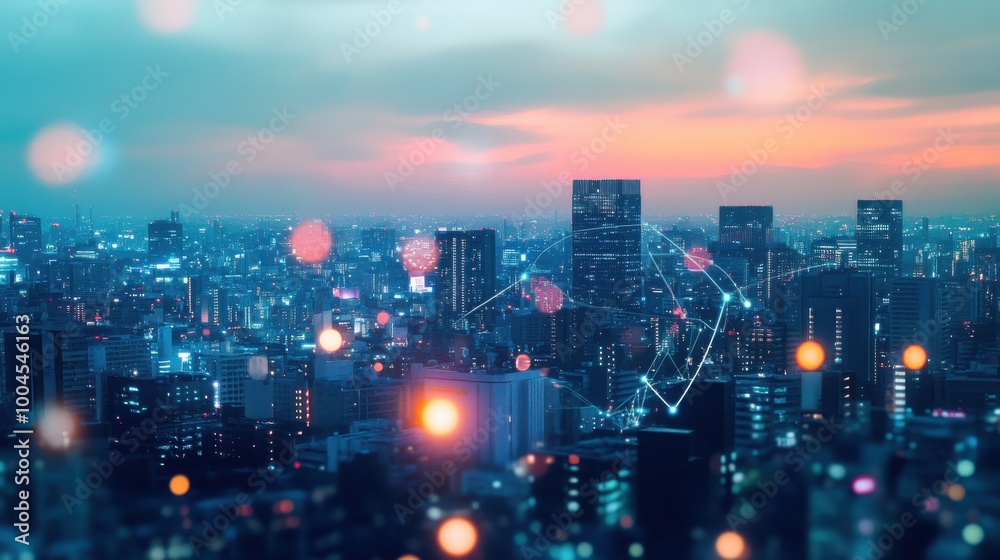 Poster Aerial view of a vibrant urban skyline at twilight with illuminated buildings and network connections in the city