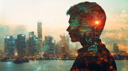 A silhouette of a person against the city skyline, showcasing a blend of technology and urban life at dusk