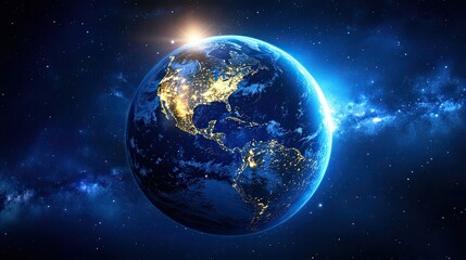 Fototapeta premium A stunning image of the Earth from space, illuminated by the sun. The continents are clearly visible. The image is a vibrant and beautiful representation of our planet.