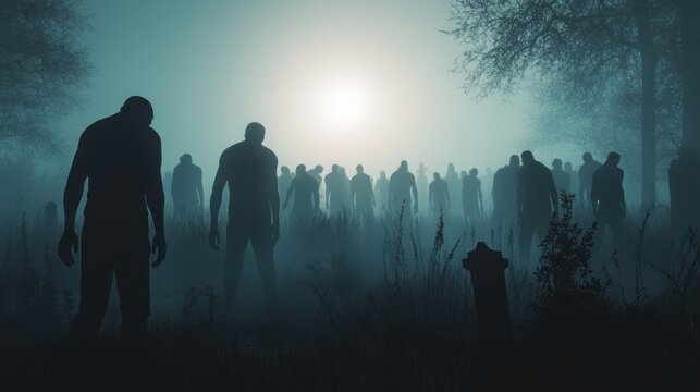 Group of zombies emerging from a foggy graveyard at midnight, creating a terrifying and surreal scene.