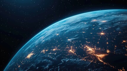 Fototapeta premium A stunning view of Earth from space, showcasing the blue planet with twinkling city lights against the backdrop of a starry night sky.