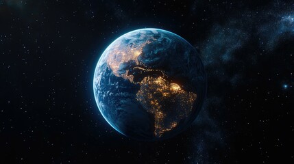 A stunning view of Earth from space at night, with North America illuminated.