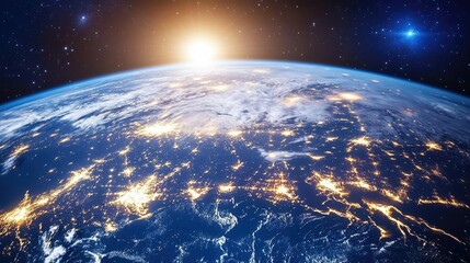 Obraz premium A stunning view of Earth from space, with the sun rising over the horizon and city lights illuminating the night.