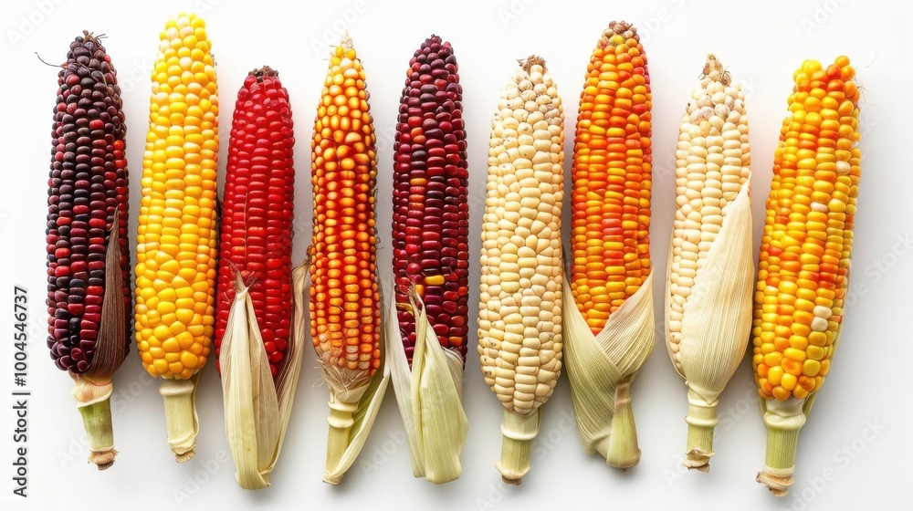 Poster A row of corn cobs with different colors and sizes