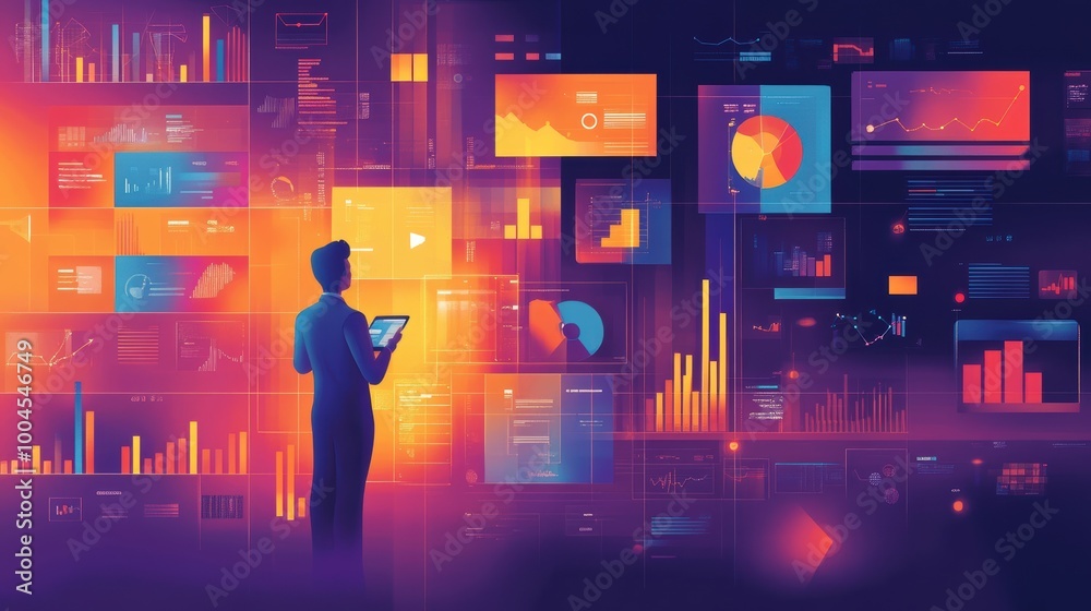 Leinwandbilder a data analyst reviewing colorful visualizations on a digital screen in a modern office at dusk, eng