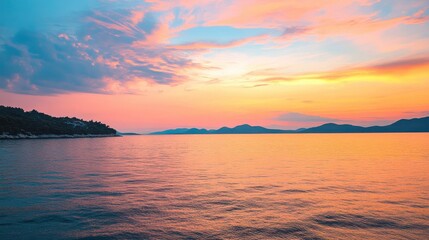 Fototapeta premium Colorful sunset over calm waters with distant mountains and shoreline on a tranquil evening by the coast