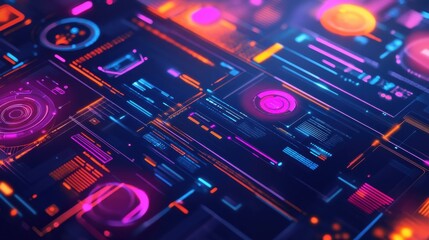Abstract digital interface with vibrant neon colors and futuristic design elements showcasing data visualization