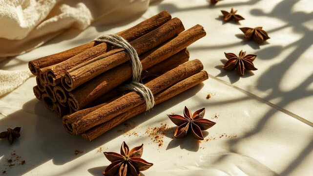 A bundle of cinnamon sticks tied with twine sits on a white surface, surrounded by star anise and bathed in sunlight