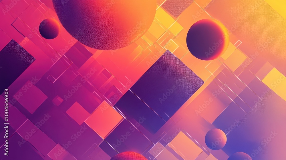 Poster colorful abstract geometric shapes and spheres floating in a vibrant surreal background during a sun