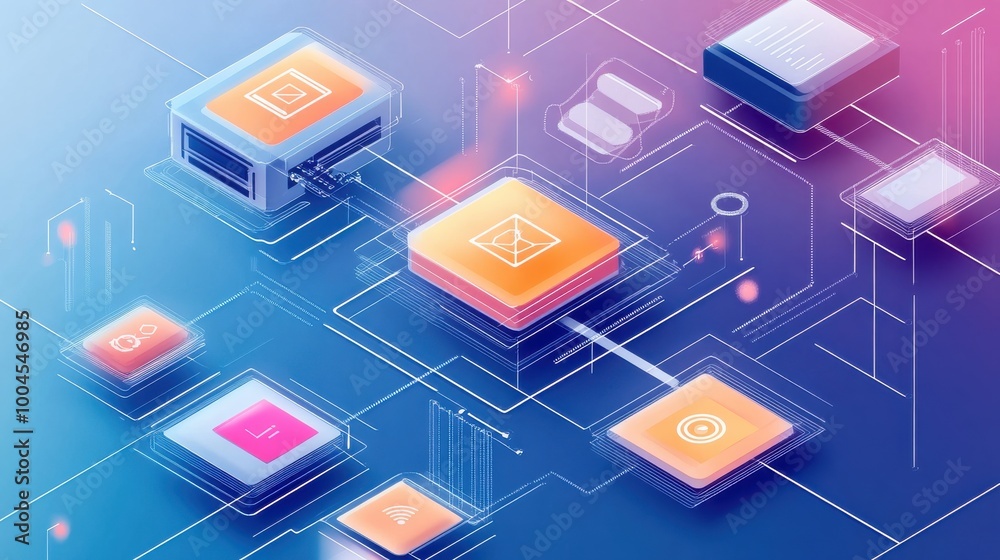 Fototapete digital graphic illustrating interconnected technology components and networks in a futuristic desig