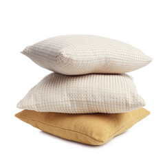 Stack of different pillows isolated on white