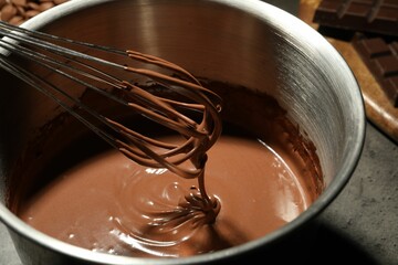 Chocolate dough dripping from whisk into bowl on table, closeup