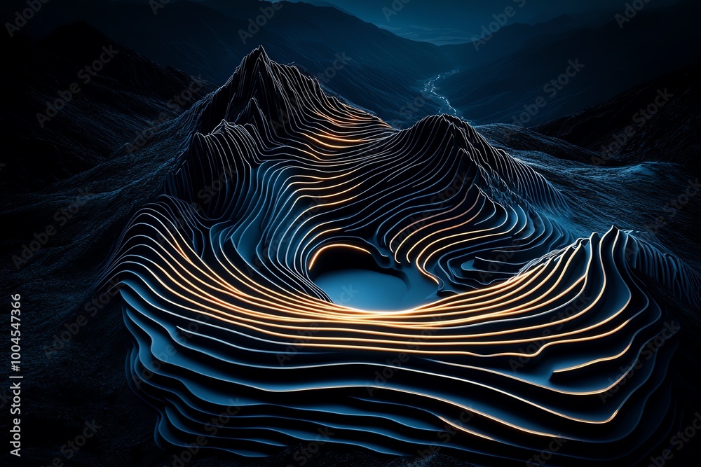 Poster simple mountain silhouette, with abstract lines depicting rugged peaks and a distant valley in a min
