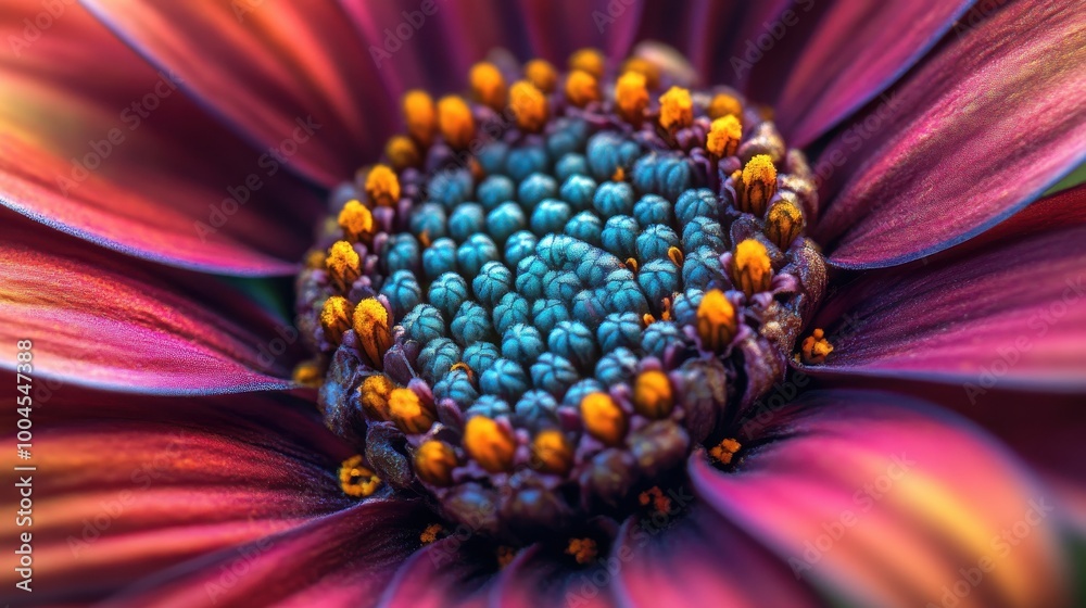 Aufkleber Close-up view of a vibrant flower showcasing intricate patterns and colors in its petals and center during midday sunlight