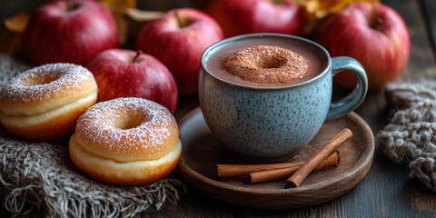 A cup of apple juice with cinnamon and doughnuts on the table, surrounded by apples in autumn.