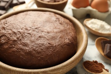 Chocolate dough and ingredients on white marble table, closeup